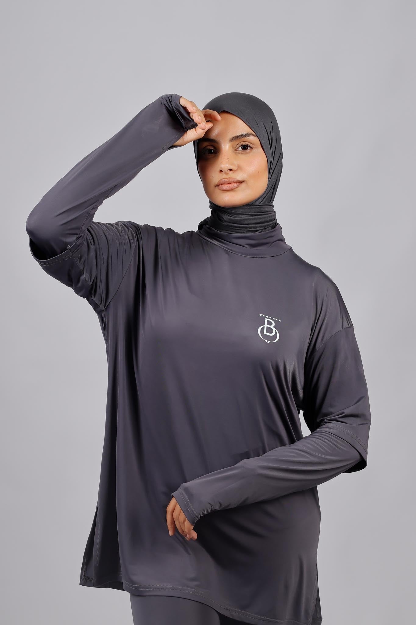 T-shirt sport long gris femme voilée - vue 1 - Oubi