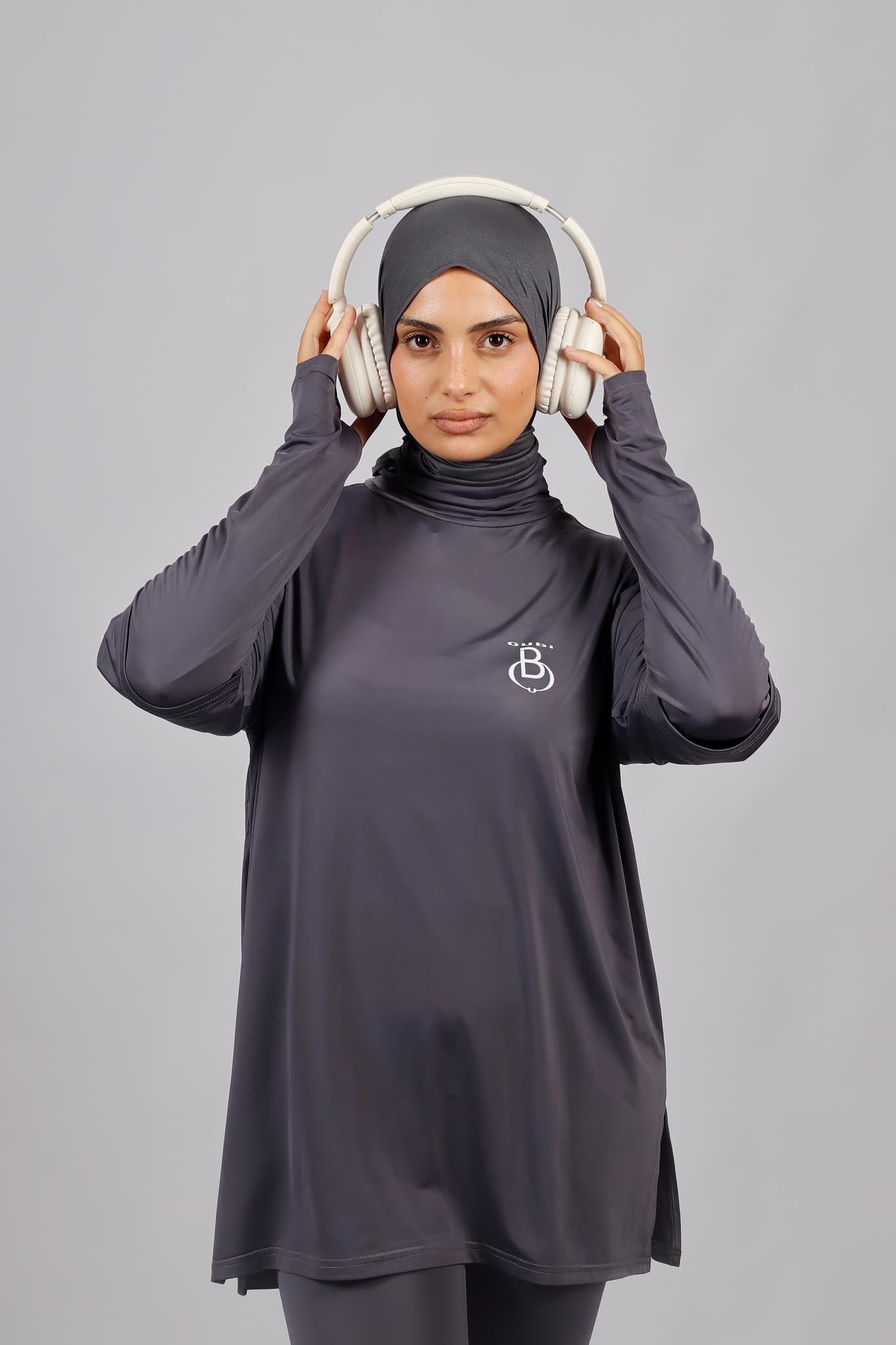 T-shirt sport long gris femme voilée - vue 2 - Oubi