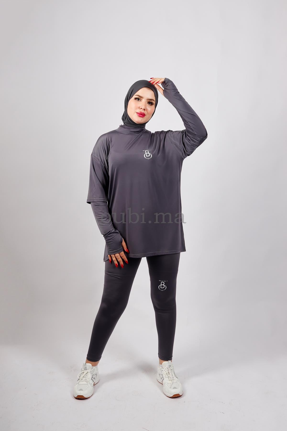 Tenue gym hijab gris - vue de dos - Oubi
